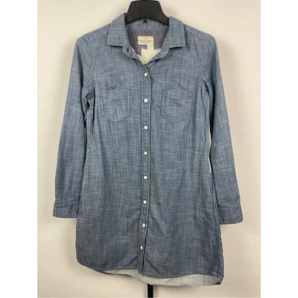 Marine Layer Farah Blue Chambray Long Sleeve Button Up Collared Shirt Dress Sz M